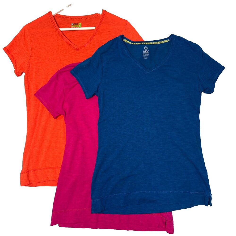 Tasc Performance V Neck Bamboo Shirts Womens M Lot of 3 Pink Blue Orange